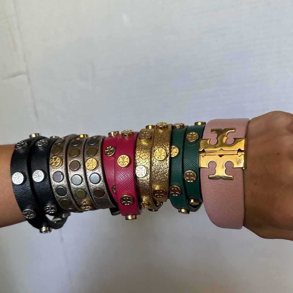 6 Tory Burch Leather Wrap Bracelet Stud Red Green Silver Black Gold Pink Set of6 - Picture 2 of 10